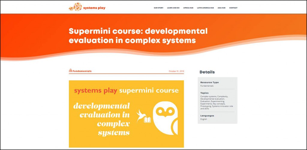 Screenshot of the Supermini course on developmental evaluation on the systems play website.